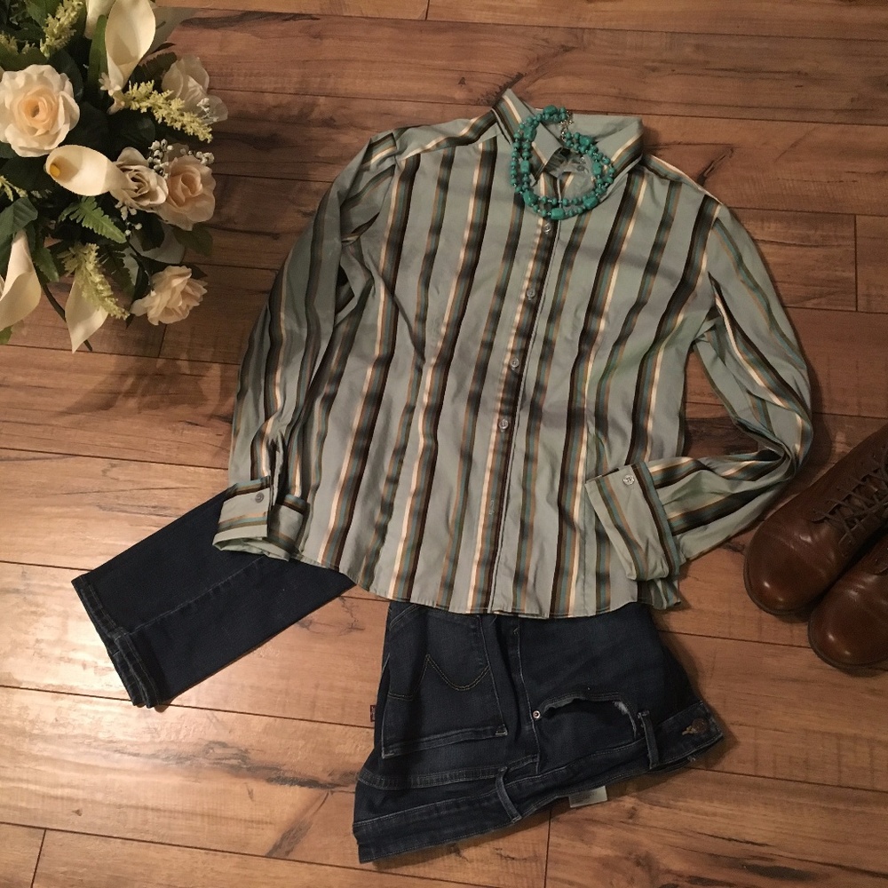 Women's Striped green and brown button down