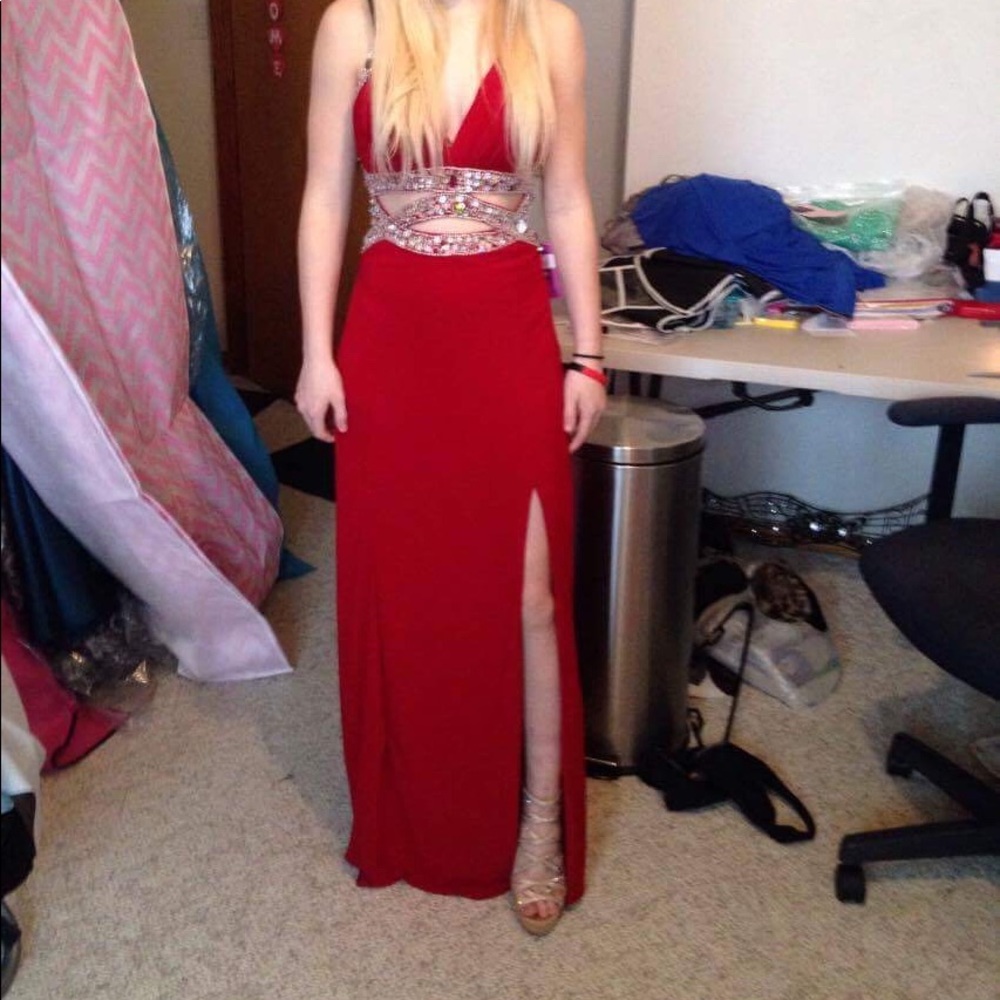 Dark red prom dress with silver jewels. Wore once.