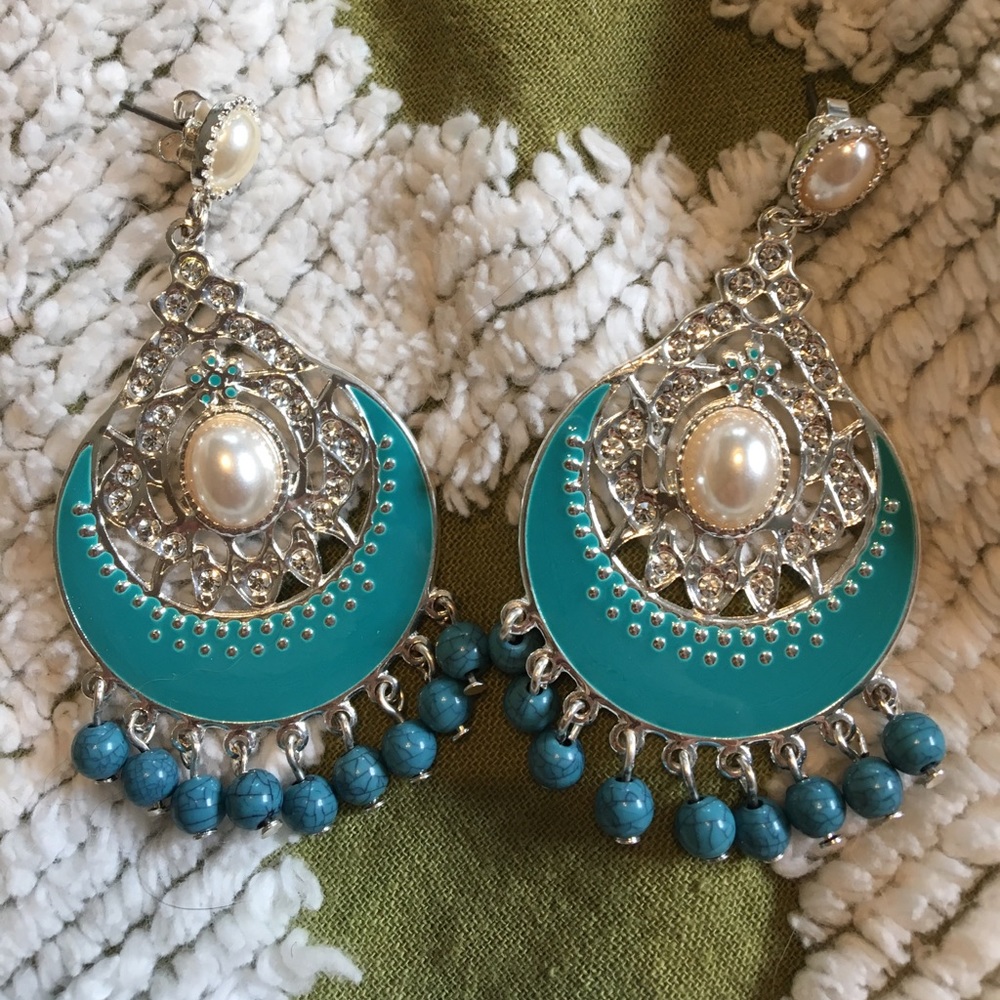 Teal & silver dangle earrings