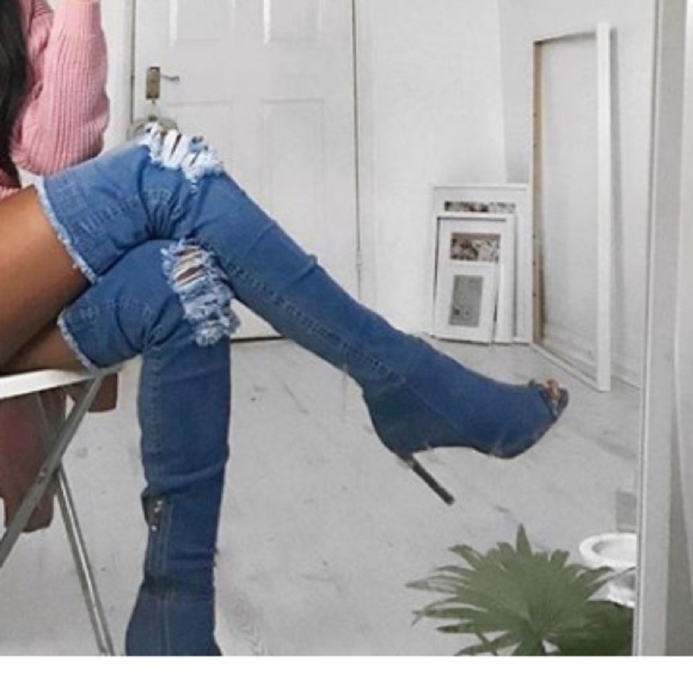 Over the knee denim sexy peep toe boots 7