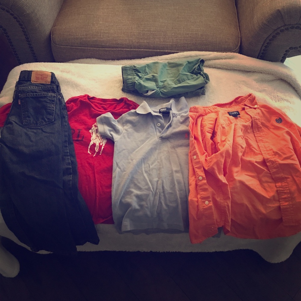 2 pairs jeans, 1 shorts, 3 polo shirts
