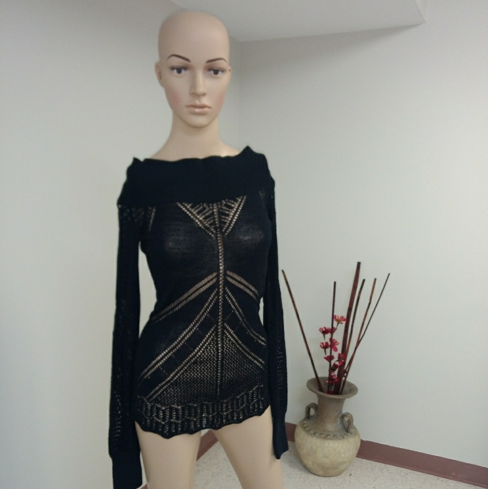 Women's Black Knit Sheer Off- the-shoulder Top