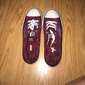 Maroon and Silver Slip on Converse.