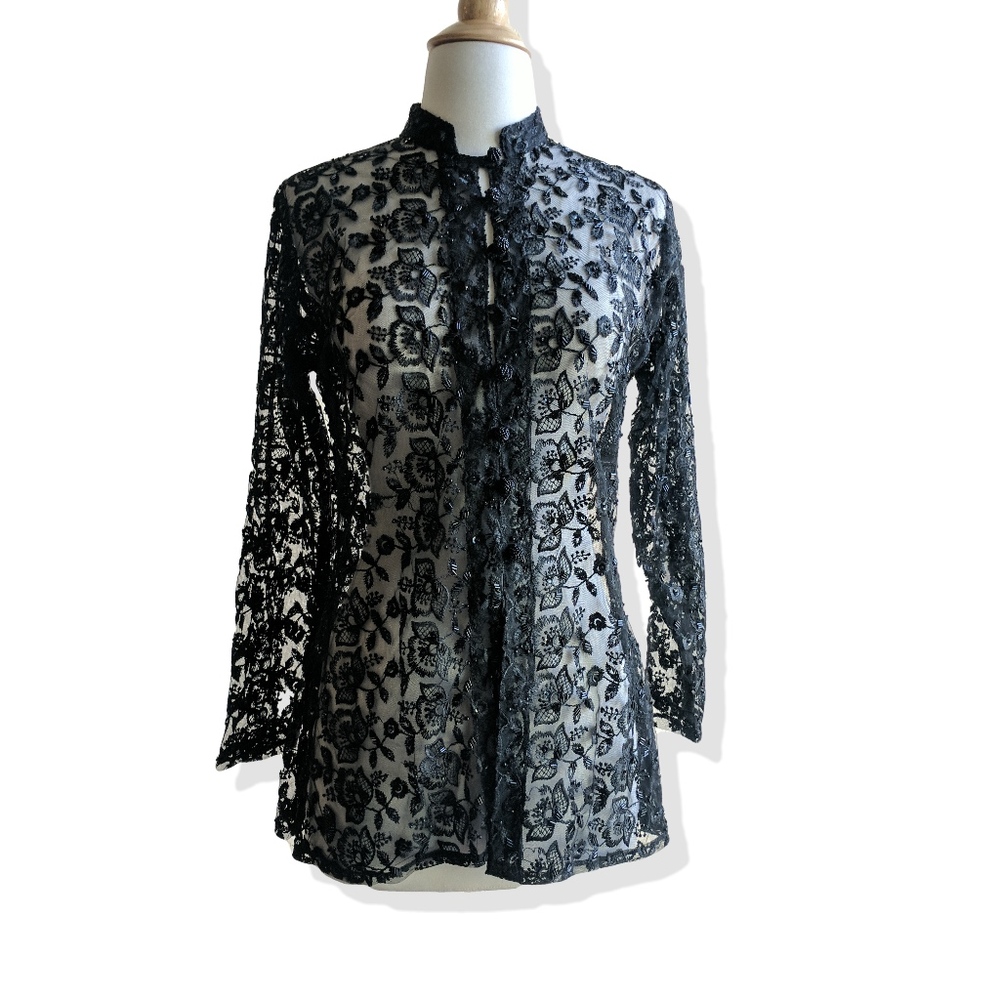 Sheer black beads & lace jacket w Mandarin Collar