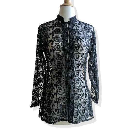 Sheer black beads & lace jacket w Mandarin Collar - Picture 1 of 8