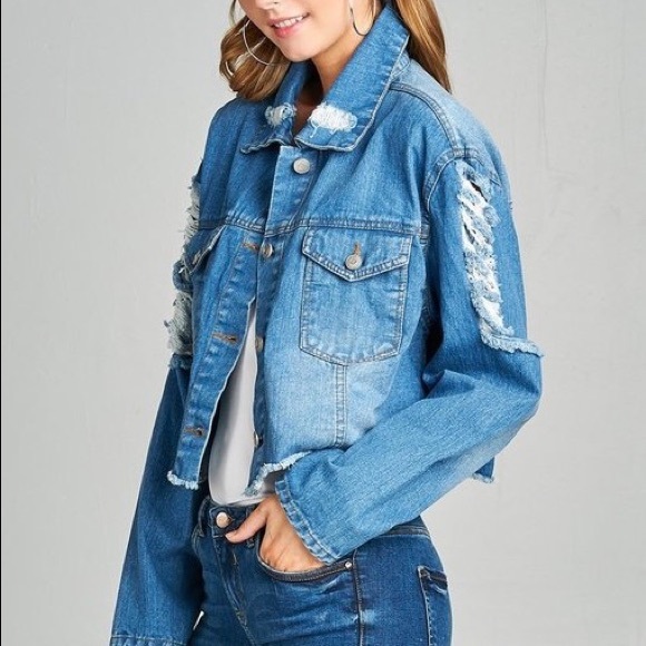  Cropped Distressed Long Sleeve Denim Jacket - Picture 4 of 6