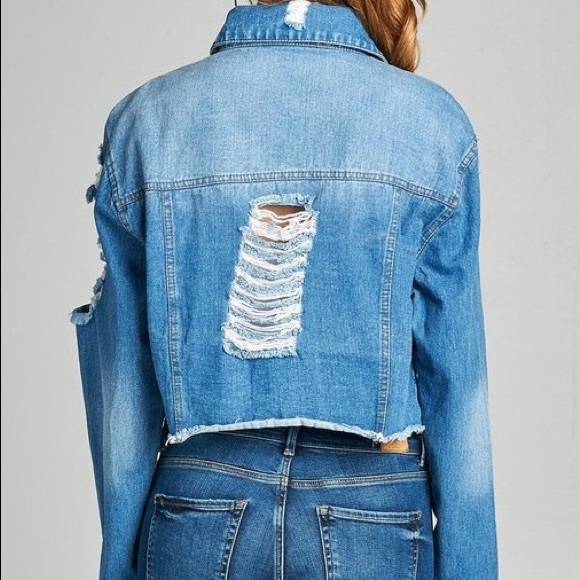  Cropped Distressed Long Sleeve Denim Jacket - Picture 5 of 6