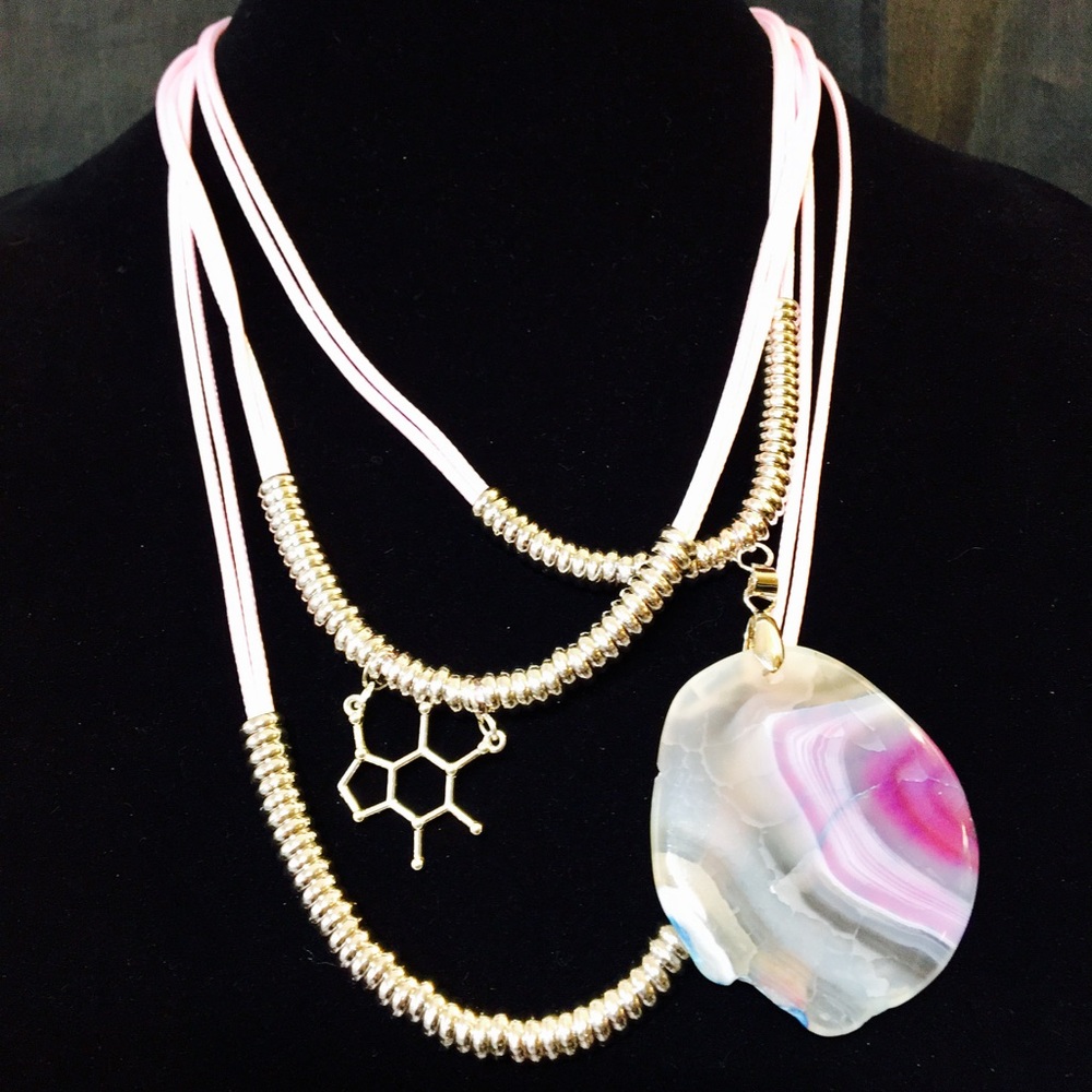 Handmade agate and silver plated caffeine molecule