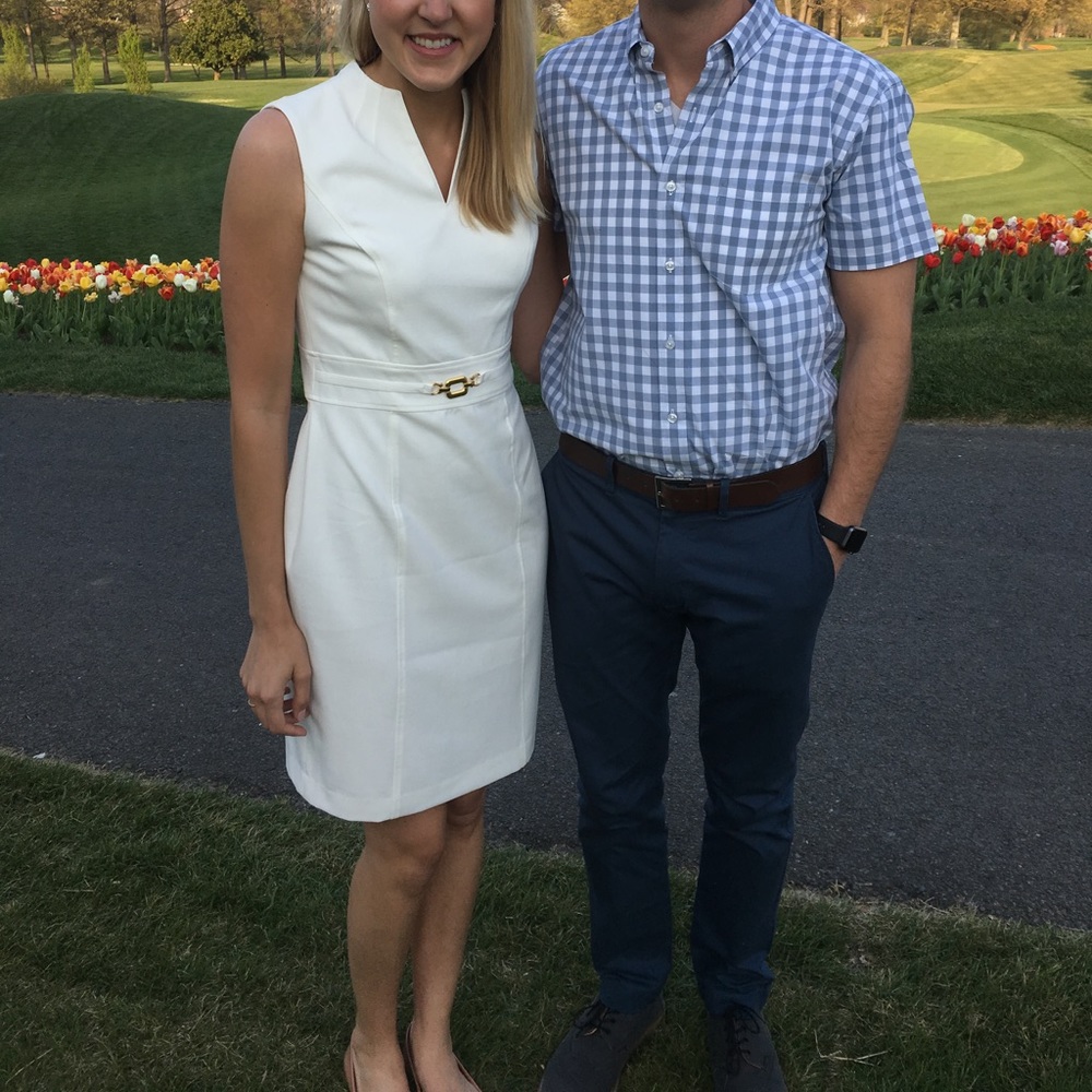 White tailored dress with gold buckle
