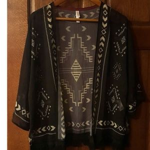 Xhilaration Black Tribal Print Fringe Kimono