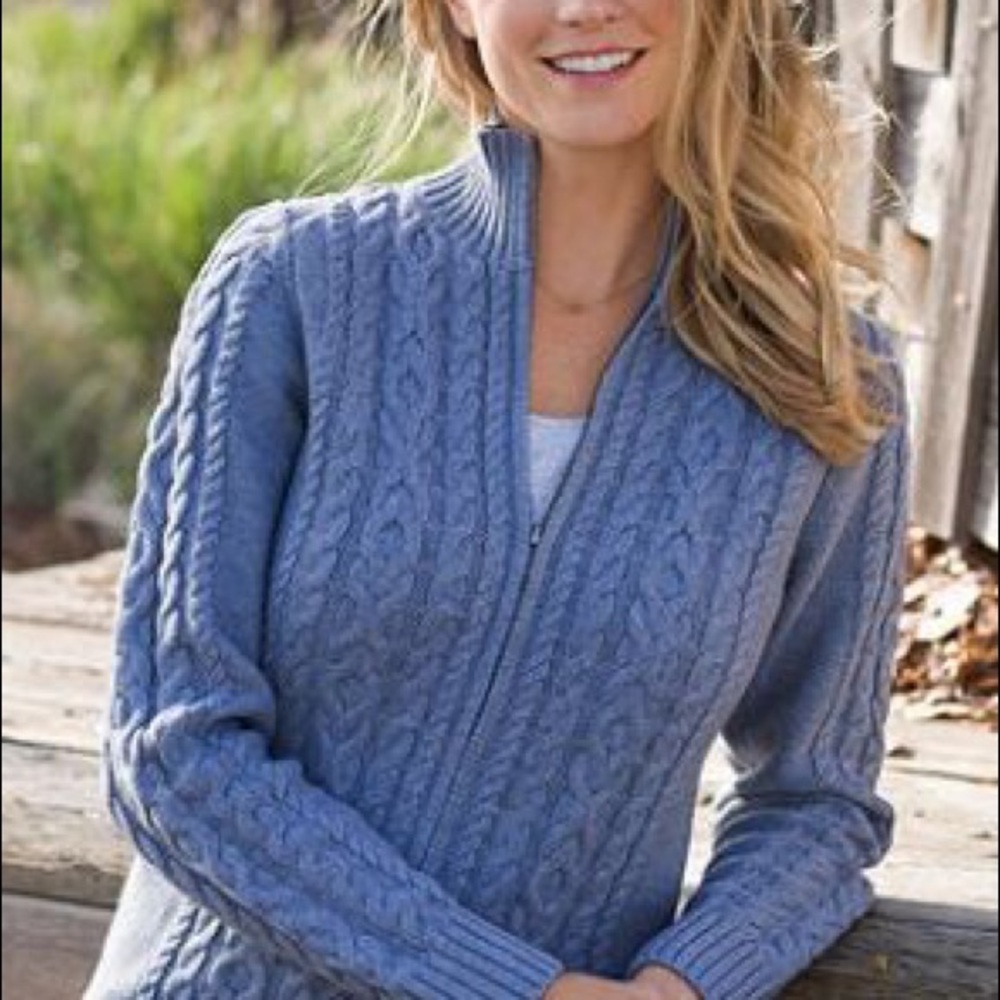 LLBean Double L Mixed Cable Women’s Sweater zip-up cardigan blue