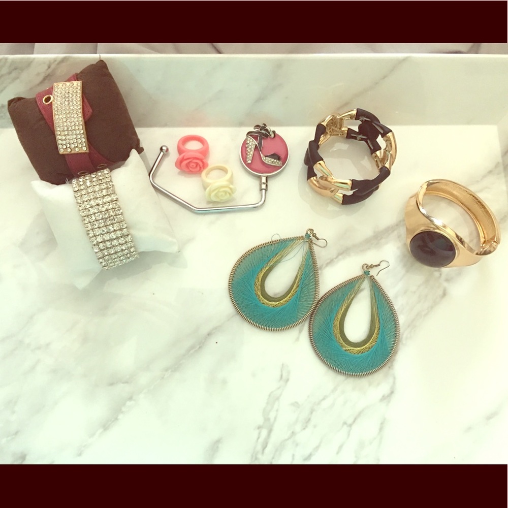 Earrings, 4 bracelets, 2 rings and purse holder