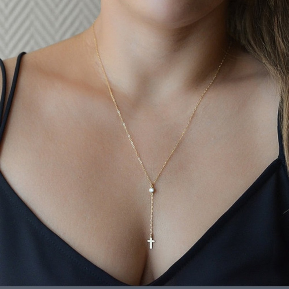 ✝️ Lovely Dainty Cross Lariat Rhinestone Necklace
