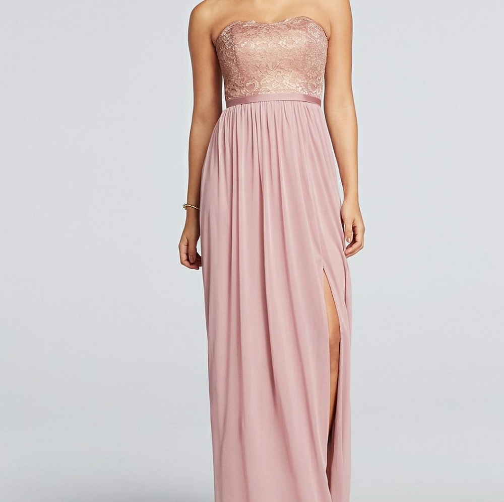 Rose Gold Metallic Strapless Bridesmaids Dress