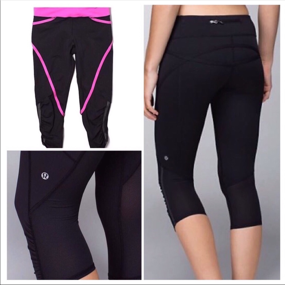 lululemon | run pace crop black with pink details