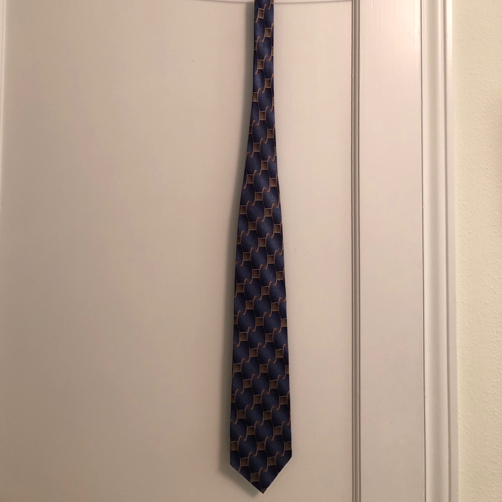 Blue, bronze and black figured silk tie