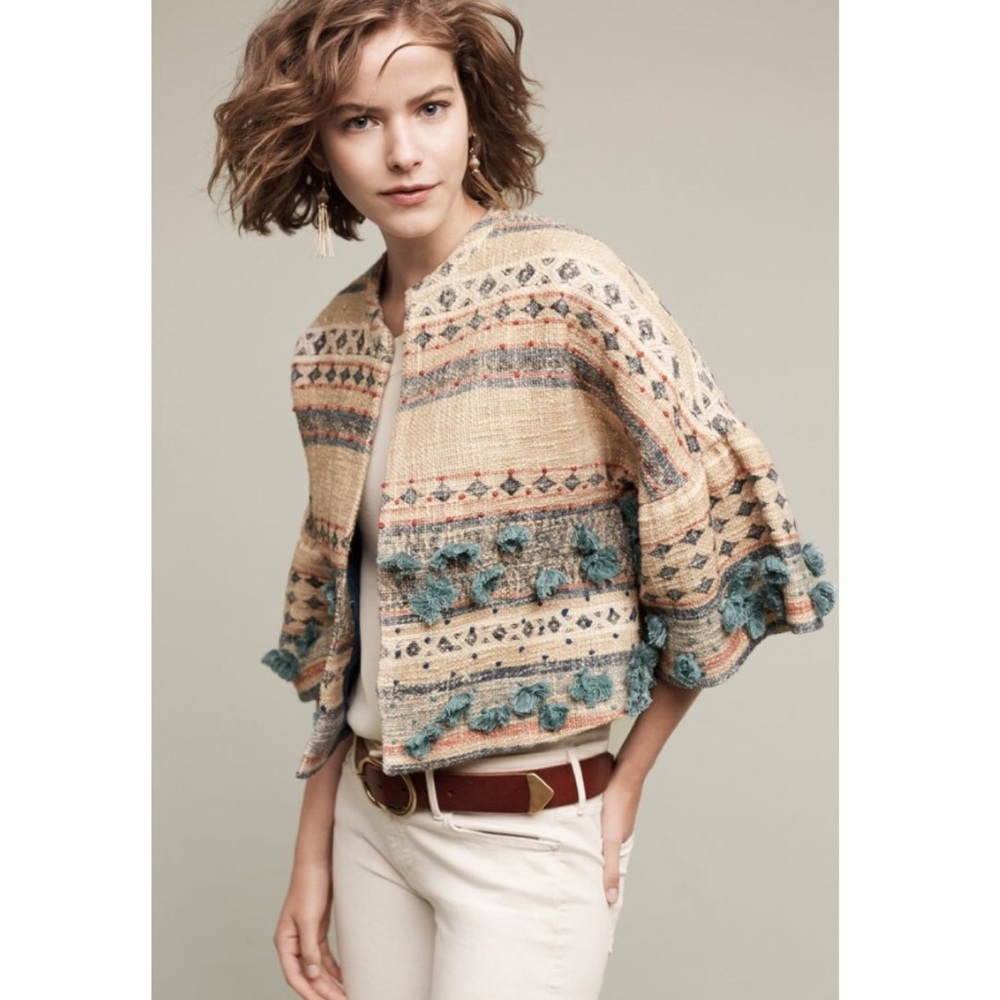 Woven Tryb Jacket with Pom Pom Detail