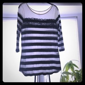 Navy and white striped top with lace SZ M