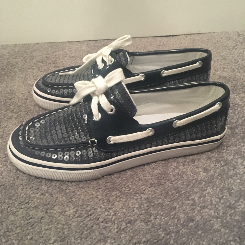 Navy blue and white boat shoes