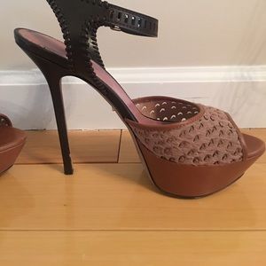 Tricolor Cut Out Leather And Calf Hair Peep Toe Platform Ankle Strap Sandals.