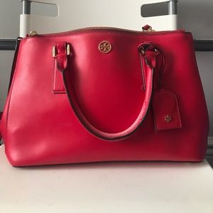 Candy apple red Tory Burch handle tote