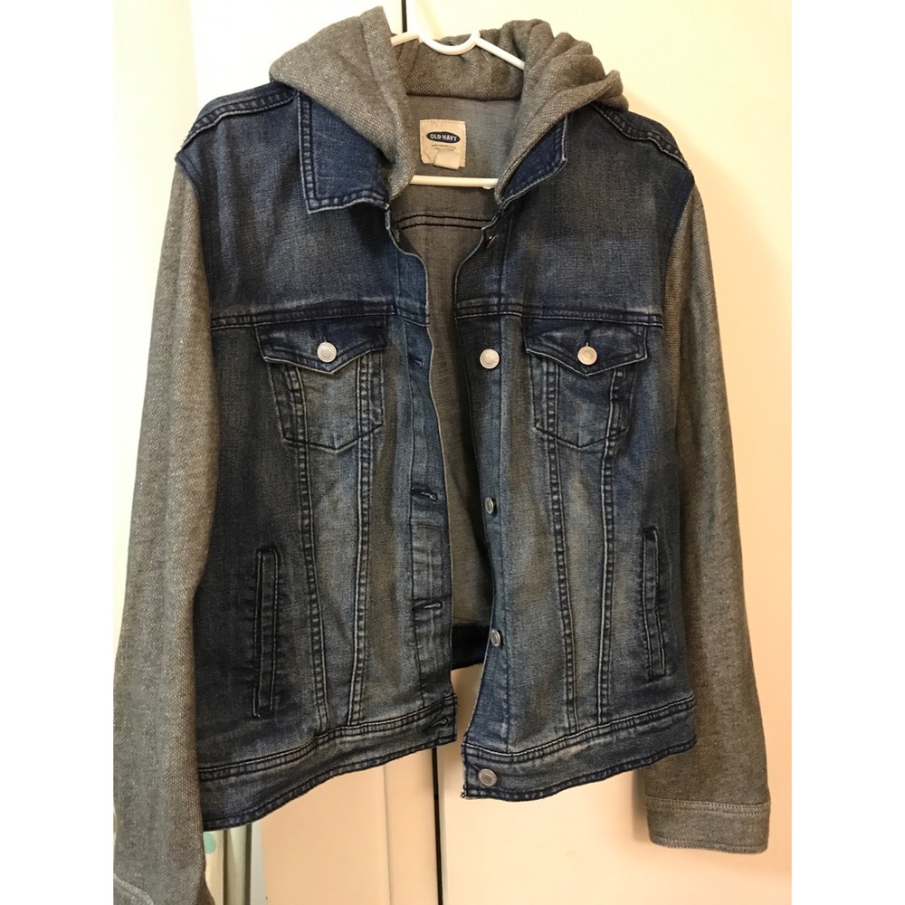 Denim jacket with knit sleeves and hood