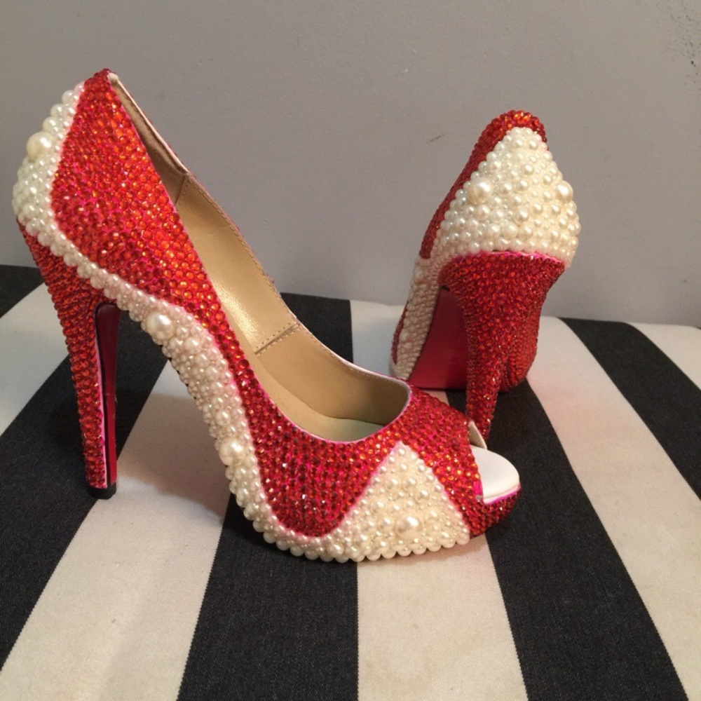 White pearl studded peep-toe pumps