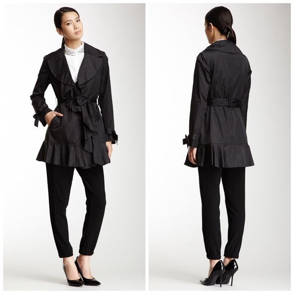 🎁 Cole Haan Belted Ruffle Jacket Coat Black New - Picture 2 of 5