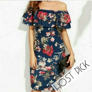 Flounce layered Neackline Flower Print Dress