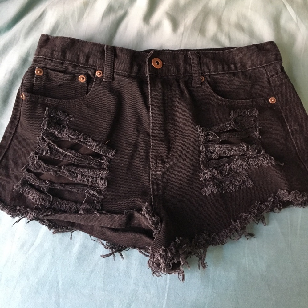 High waisted distressed black shorts