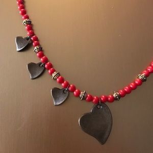 Red and gold Beaded necklace with four ♥️