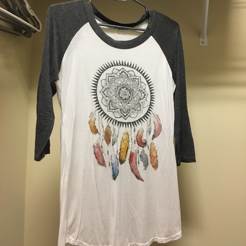 Grey and White Baseball Tee with Dream Catcher S