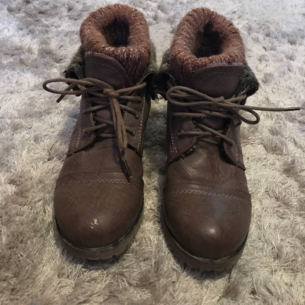 Brown faux leather combat boots