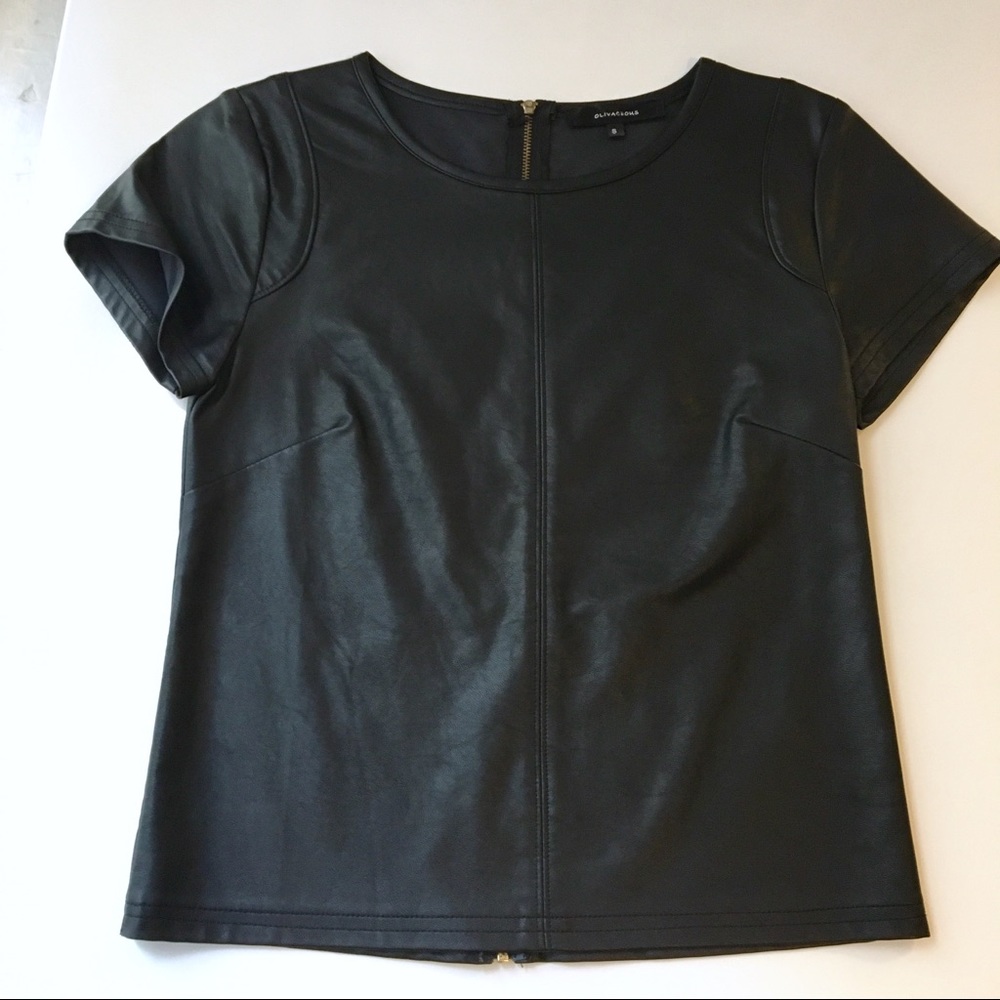 Black Faux Leather Short Sleeve Top with Gold Zip