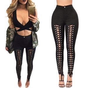 Sexy Steampunk Lace up PONTE Skinny Jean Pants