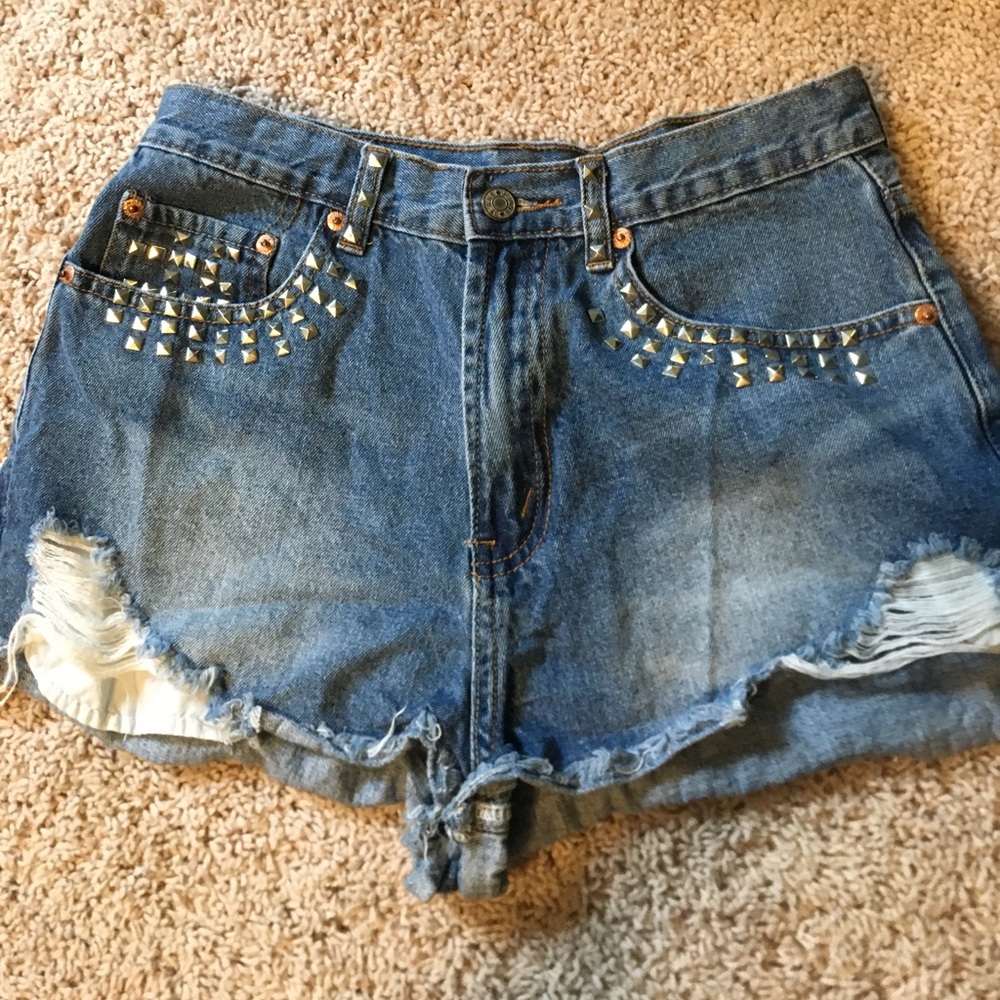 Denim studded shorts