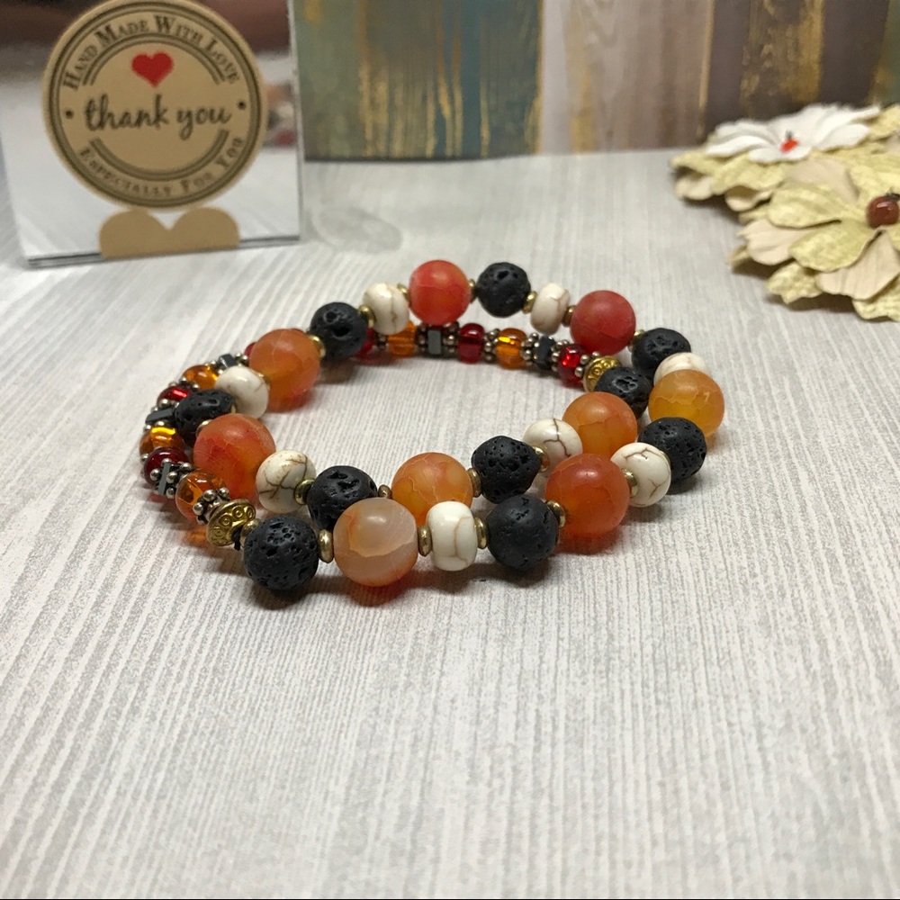 Fire Agate, Hematite, Lava Stone Wrap Bracelet