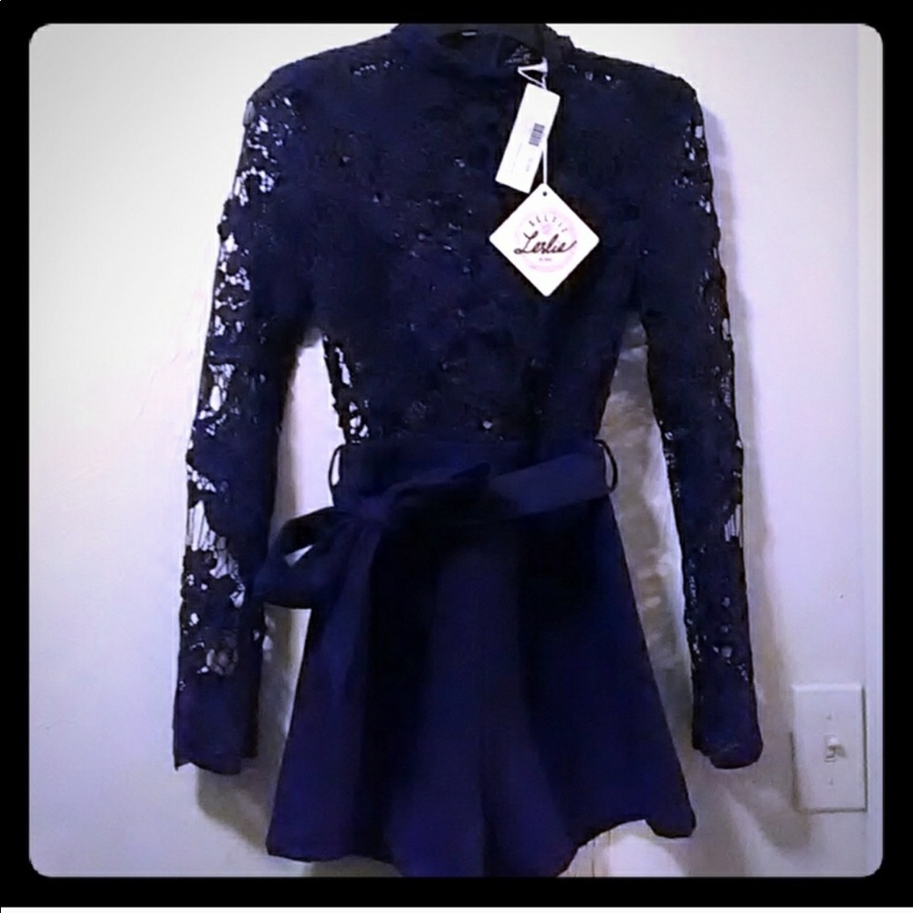 Selfie Leslie Lace Long Sleeve Romper Navy