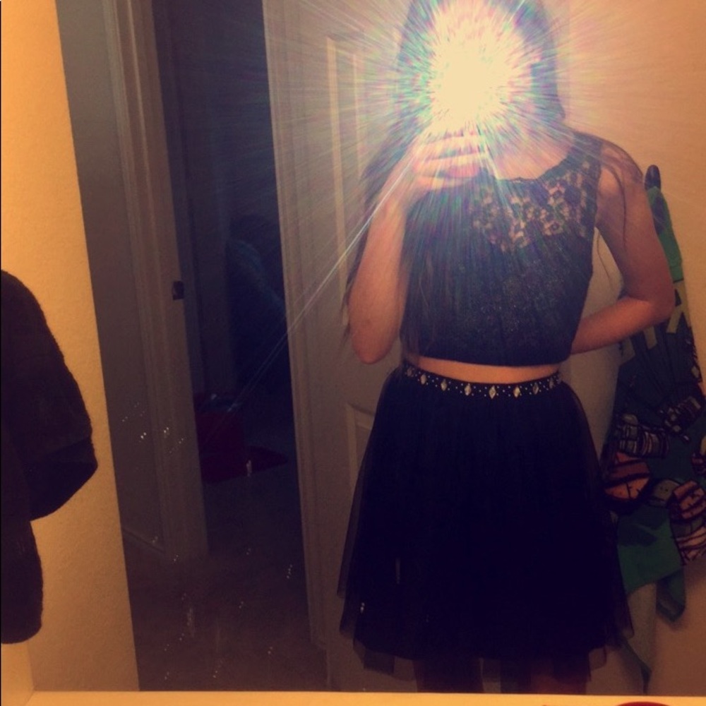 Two piece Sparkle Dark Blue Homecoming Prom Dress