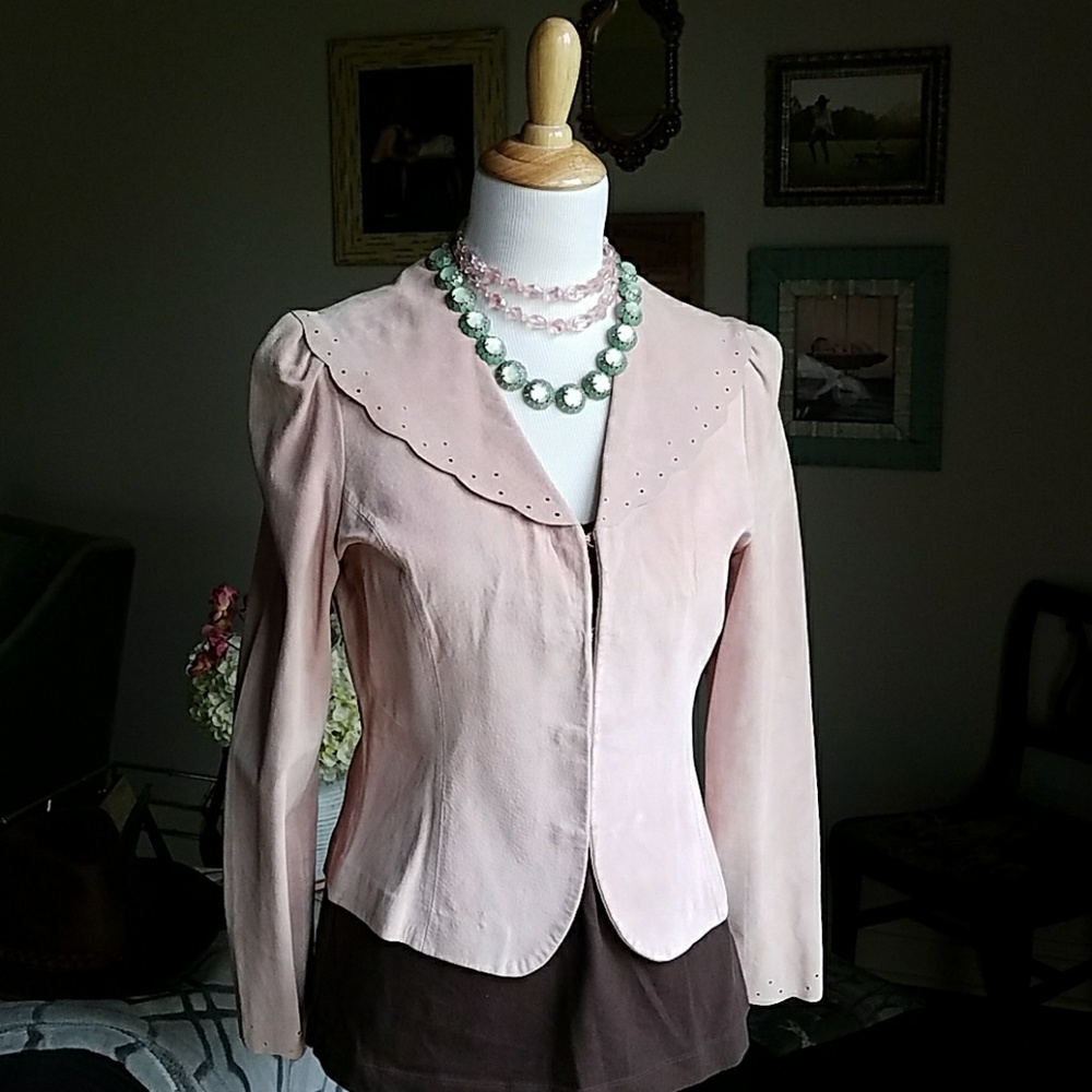 Soft pink buttery suede jacket w/ laser-cut Collar
