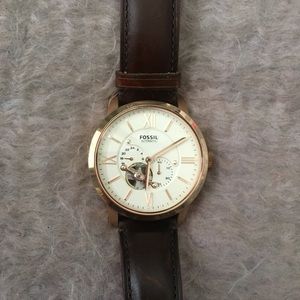 MEN'S FOSSIL DARK BROWN LEATHER & GOLD WATCH