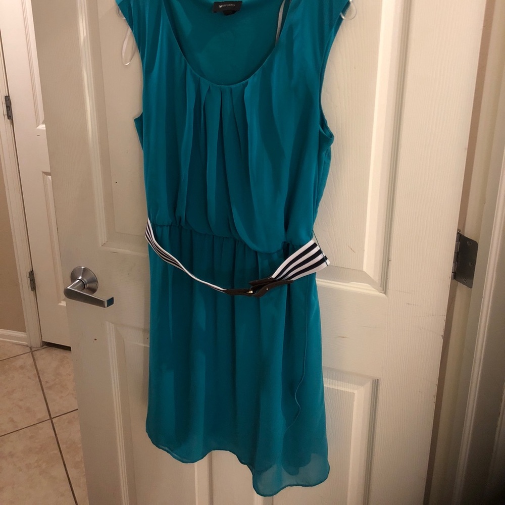 Teal flowy dress with a belt