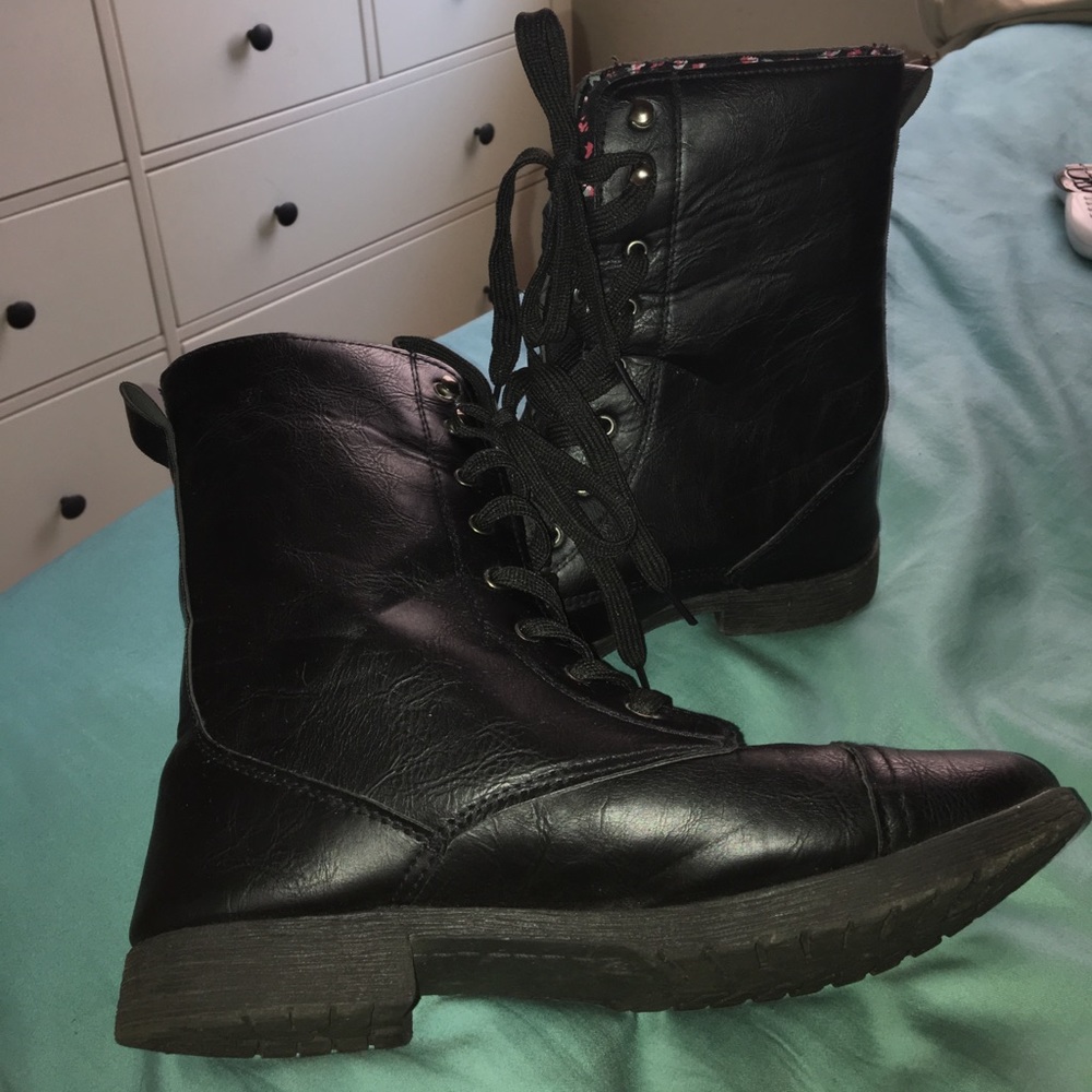 Black Floral Lined Combat Boots