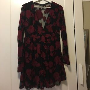 Embroidered Black and Red Deep V Dress