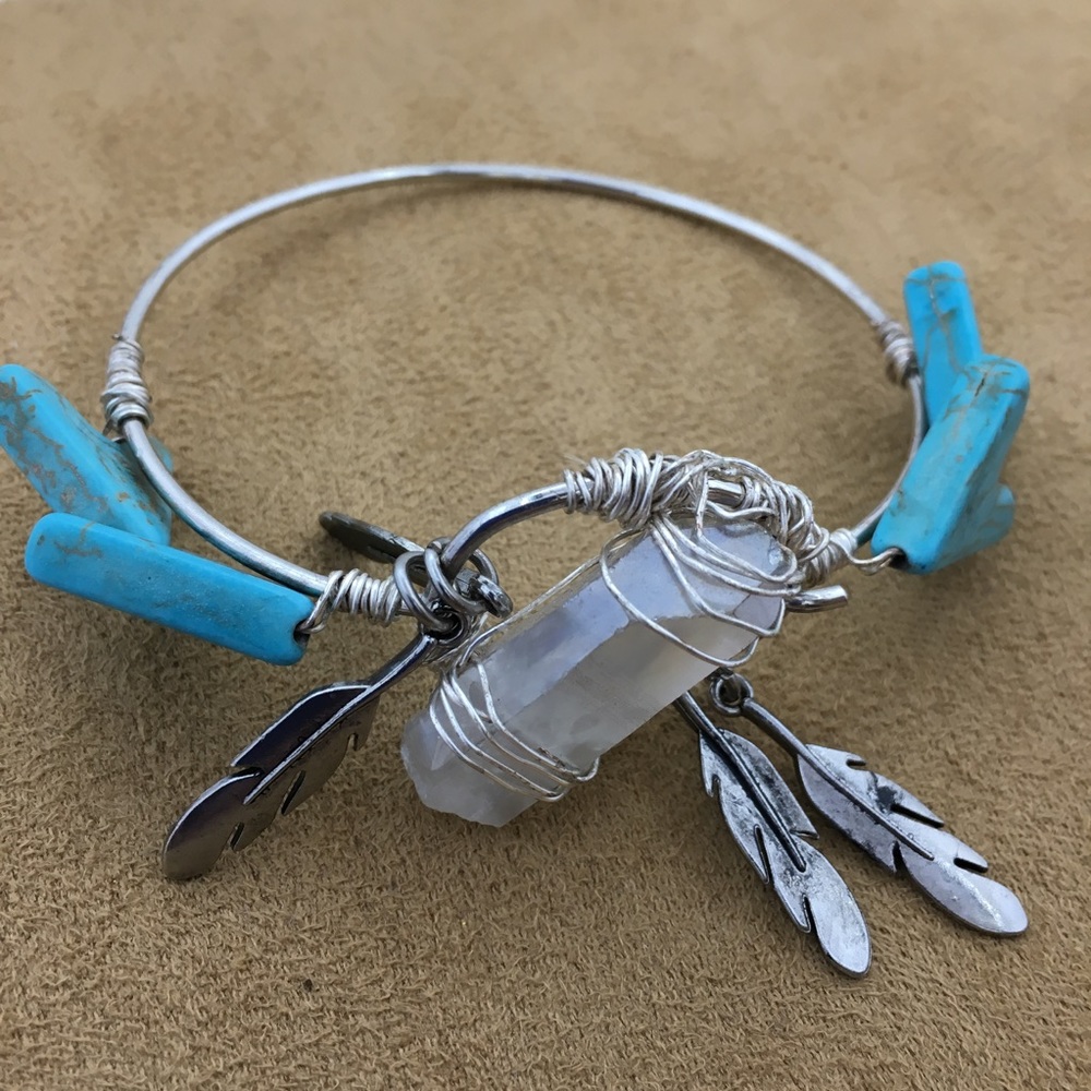 Crystal & Silver Tone Feathers Bracelet - Picture 2 of 8