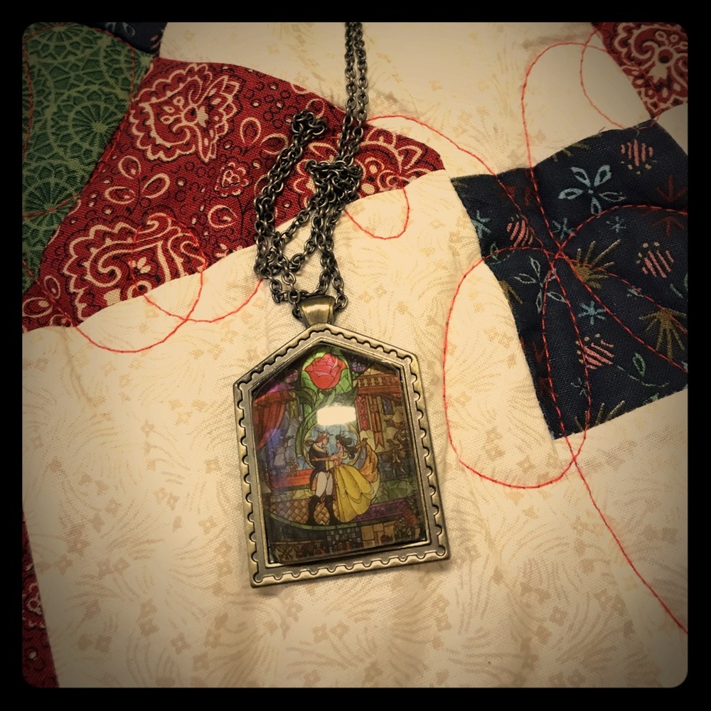 Beauty and the Beast stained glass necklace