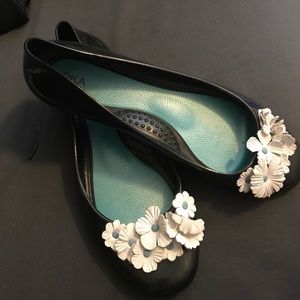 Oka B black jelly ballet flat with leather flowers