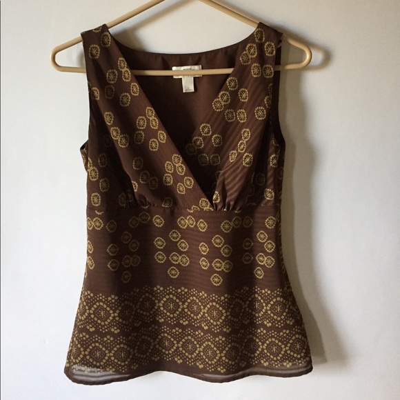 LOFT Tops - LOFT Brown & Gold Print Sleeveless faux Wrap Top