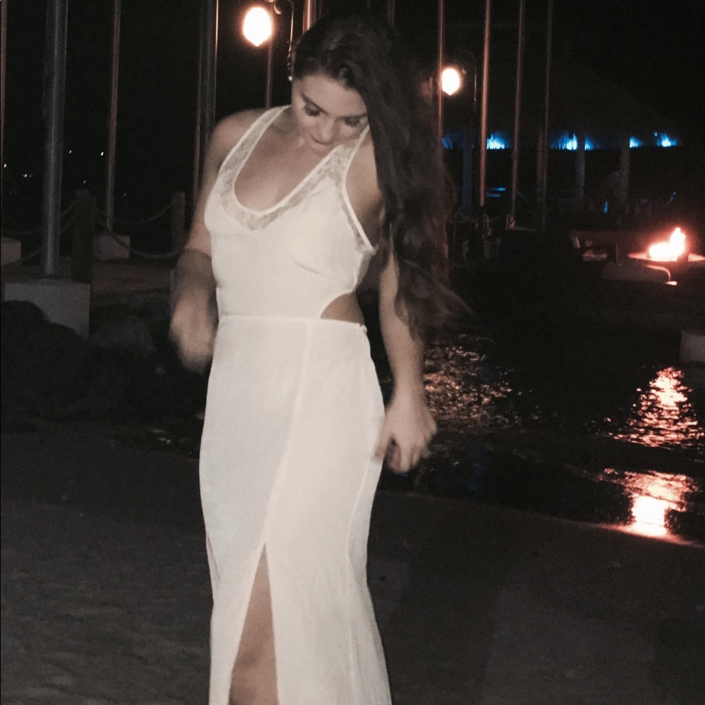 Cream color dress.