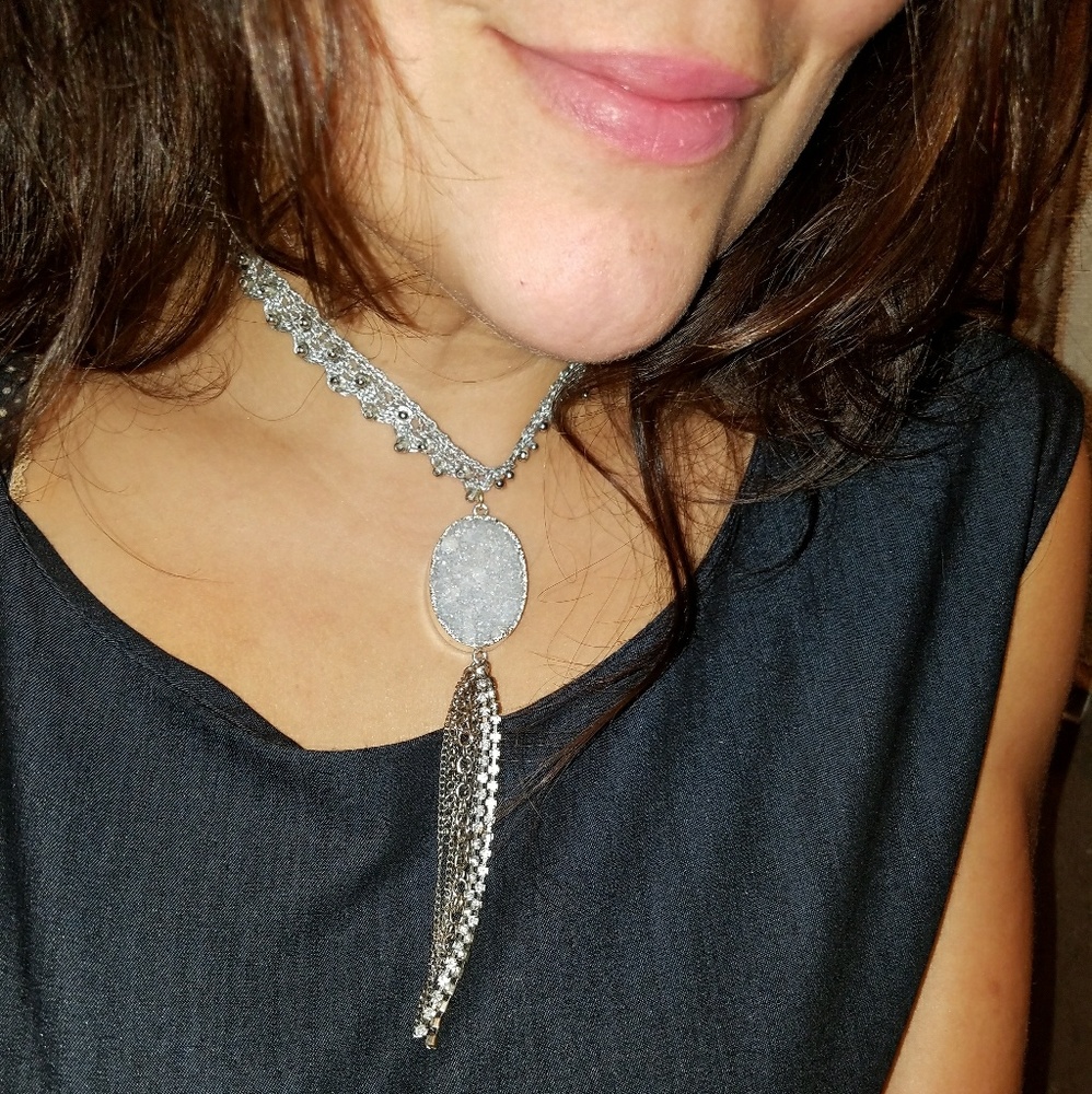 💎ON HOLD💎Silver Choker w Tassel Druzy Pendant - Picture 2 of 6